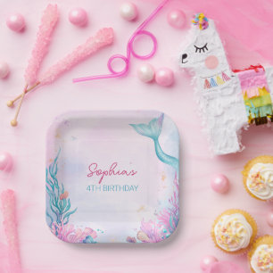 Meisjes Zeemeermin Verjaardagsfeestje Watercolor Papieren Bordje