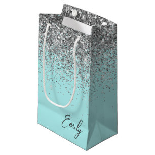 Meisjesachtig Aqua Blauwe Zilveren Glitter Monogra Klein Cadeauzakje