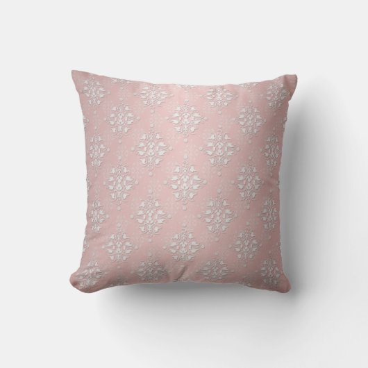 Meisjesachtig babyroze en witte damast kussen (Voorkant)
