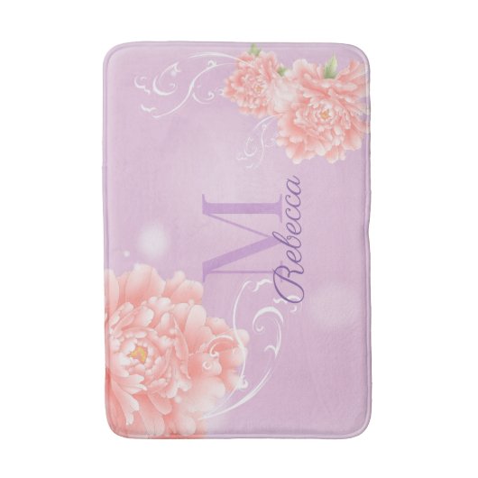 meisjesachtig Chic bloemig paars roze pioen monogr Badmat (Voorkant Verticaal)
