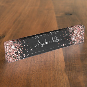 Meisjesachtig glinsterend roze goud glitter zwart naambordje