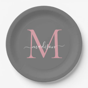 Meisjesachtig grijze blos roze monogram trendy scr papieren bordje