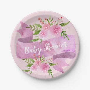 Meisjesachtig, mooi, chic, bloemig roze baby showe papieren bordje