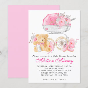 Meisjesachtig Roze Bloem Stroller Pram Baby Shower Kaart