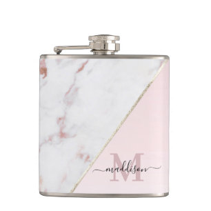 Meisjesachtig roze gouden glitter marmeren monogra heupfles