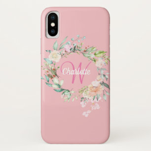 Meisjesachtig roze monogram initiaal rozen bloem iPhone x hoesje
