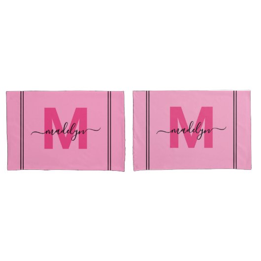 Meisjesachtig Roze Script Naam Monogram Kussensloop (Voorkant-Set)