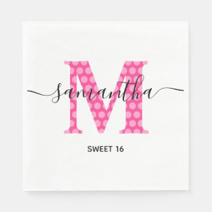 Meisjesachtig Roze Stippen Monogram Sweet 16 Servet