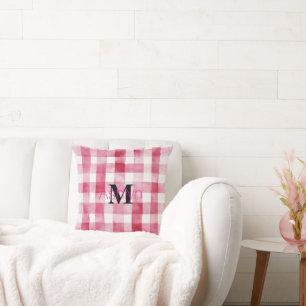 Meisjesachtig roze witte ruit strepen monogram kussen