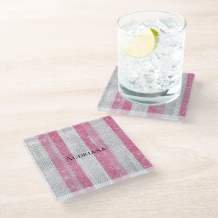 Meisjesachtig Roze Zilveren Strepen Glitter Kerstm Glazen Onderzetter