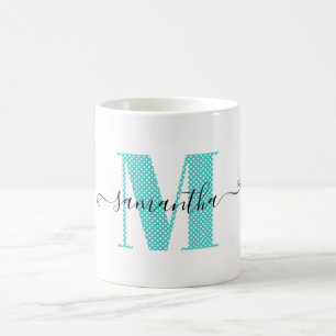 Meisjesachtig turquoise en witstippenmonogram koffiemok