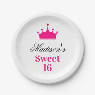 Meisjesachtig Witte Heet Roze Sweet 16 Prinses Kro Papieren Bordje