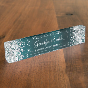 Meisjesachtig zilver glitter donker turquoise foli naambordje