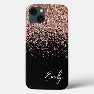 Meisjesachtig Zwart Roze Roze Gouden Glitter Monog iPhone 13 Hoesje