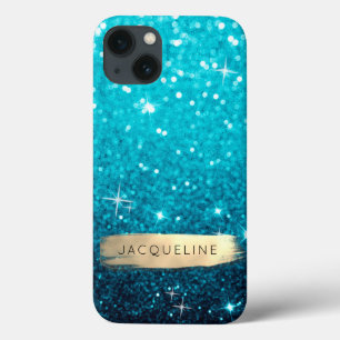 Meisjesachtige Blauwe Glitter en Gouden Kwaststree iPhone 13 Hoesje
