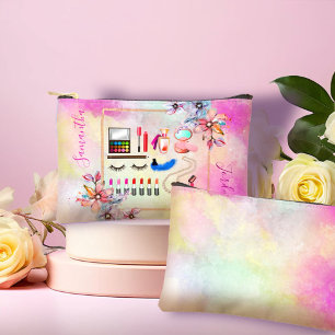 Meisjesachtige bloemen en marmeren roze make-up etui