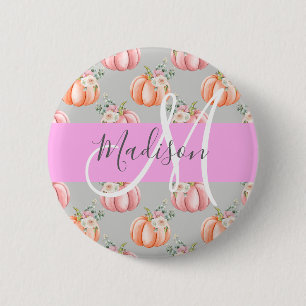 Meisjesachtige bloemige grijze roze perzik pompoen ronde button 5,7 cm