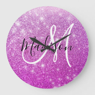 Meisjesachtige & glam paarse glitter monogram naam grote klok