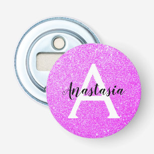 Meisjesachtige Glam Paarse Glitters Glans Monogram Button Flesopener