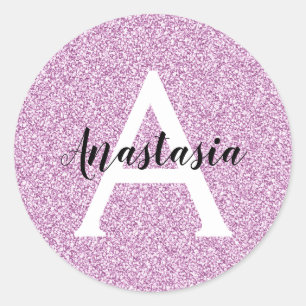 Meisjesachtige Glam Paarse Glitters Monogram Naam Ronde Sticker