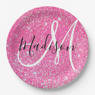 Meisjesachtige Glam Roze Glitters Glans Monogram N Papieren Bordje