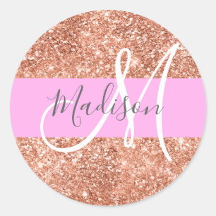 Meisjesachtige Glam Roze Perzik Goud Glitter Monog Ronde Sticker