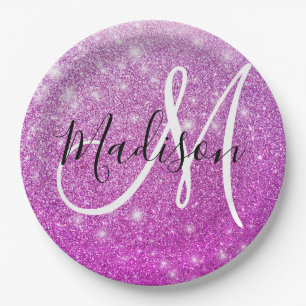 Meisjesachtige & glamoureuze paarse glitter monogr papieren bordje