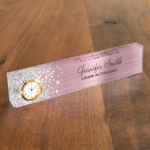Meisjesachtige Glitterige Zilver Roze Glam Naambordje