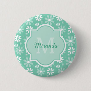 Meisjesachtige Monogram Mint Witte Madeliefjes Blo Ronde Button 5,7 Cm