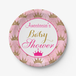 Meisjesachtige Princess Roze & Gouden Glitter Baby Papieren Bordje