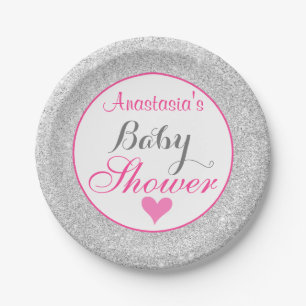 Meisjesachtige Prinses Roze en Zilver Glitter Baby Papieren Bordje
