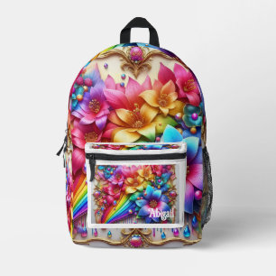 Meisjesachtige regenboog bloemen met glittersprenk bedrukte rugzak