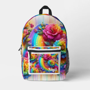 Meisjesachtige regenboog bloemen met glittersprenk bedrukte rugzak