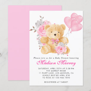 Meisjesachtige Roze Bloem Teddybeer Baby Shower Kaart