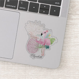 Meisjesachtige Roze Flamingo,Tropische Bladeren,An Sticker