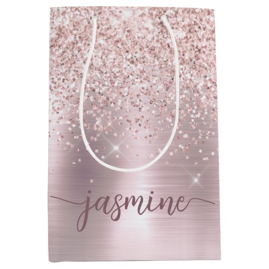 Meisjesachtige Roze Gouden Blush Glitter Monogram Medium Cadeauzakje (Voorkant)