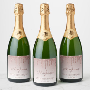 Meisjesachtige Roze Gouden Glitter Drip 30e Verjaa Sparkling Wijnetiket
