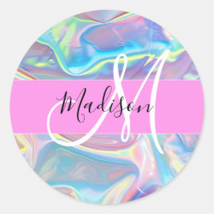 Meisjesachtige Roze Holografisch Iriserend Monogra Ronde Sticker