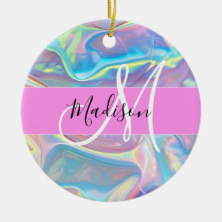 Meisjesachtige Roze Holografische Iriserende Monog Keramisch Ornament