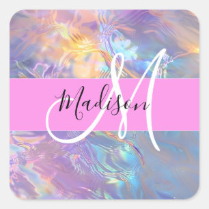 Meisjesachtige Roze Holografische Iriserende Monog Vierkante Sticker