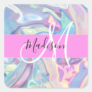 Meisjesachtige Roze Holografische Iriserende Monog Vierkante Sticker
