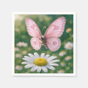 Meisjesachtige Roze Vlinder en Witte Madeliefje Servet