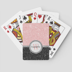 Meisjesachtige Roze Zwarte Glitters Initialen Naam Pokerkaarten