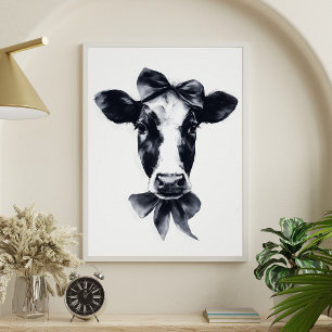 Meisjesachtige strik cute zwart-wit koe portret perfect poster