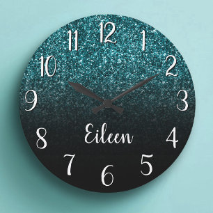 Meisjesachtige Teal Glitter Zwarte Ombre Grote Klok