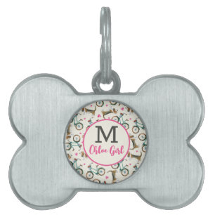 Meisjesachtige trendy fietsen & honden Roze script Huisdieren Naamplaatje