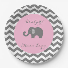Meisjesbaby shower borden met olifant en chevron papieren bordje
