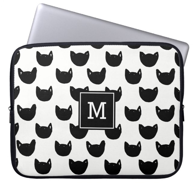 Meisjeschic Doodle black cat Monogram op maat Laptop Sleeve (Voorkant)