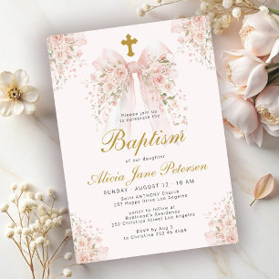 Meisjesdoop elegante roze strik bloem kerk kaart
