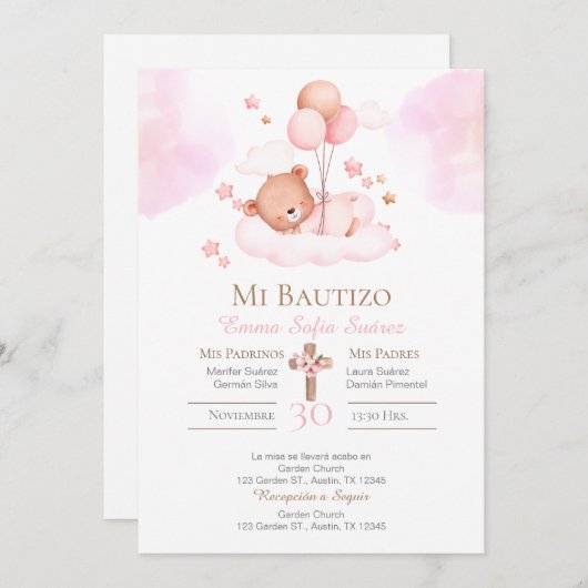 Meisjesdoop met roze beer en ballonnen kaart (Voorkant / Achterkant)